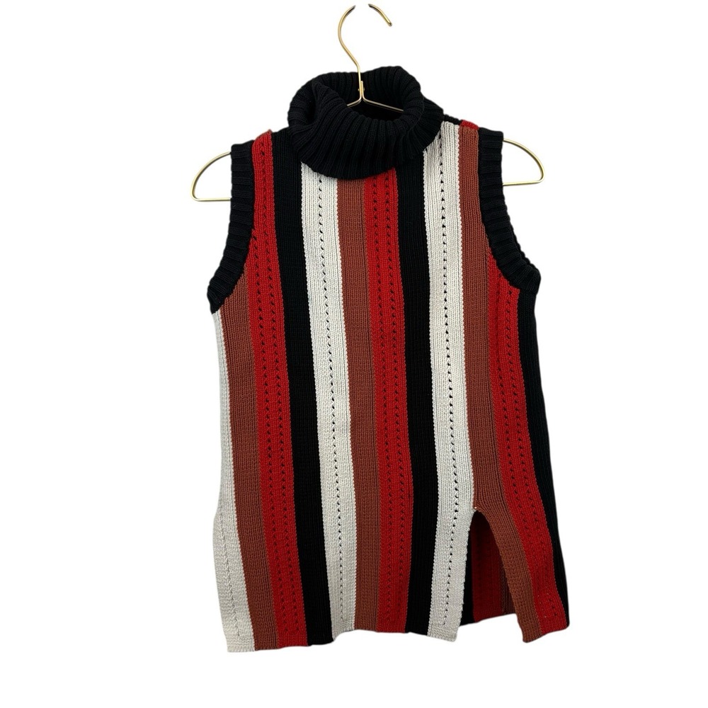 Derek Lam 10 Crosby Knitted Red Black Cream Striped Turtleneck Sweater Vest Sz M